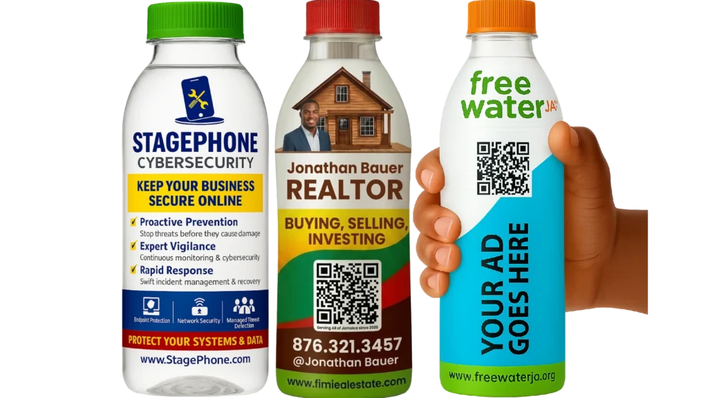 Hand holding a FreeWater Jamaica blue and white ad-supported water bottle with 'YOUR AD GOES HERE' text and a QR code, representing an innovative OOH mobile billboard advertising solution in Jamaica.