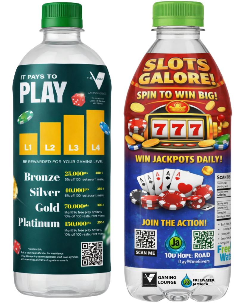 Hand holding a FreeWater Jamaica blue and white ad-supported water bottle with 'gaming slots and casino plays' text and a QR code, representing an innovative OOH mobile billboard advertising solution in Jamaica.